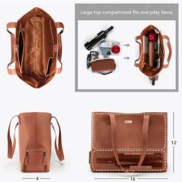 tilvini Genuine Leather Wine Tote Bag With Insulated Wine Bottle Compartment. Unique Wine Gift For Women. Wine Cooler Bag Purse – Pool Beach Tote, Boating, Picnic Bag, Travel Gift For Women (Tan)