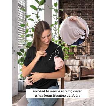 SUNNYBUY Women's Nursing Tops Breastfeeding Cover Short Sleeves Maternity Tee Shirts Double Layer Postpartum Clothes, Black L