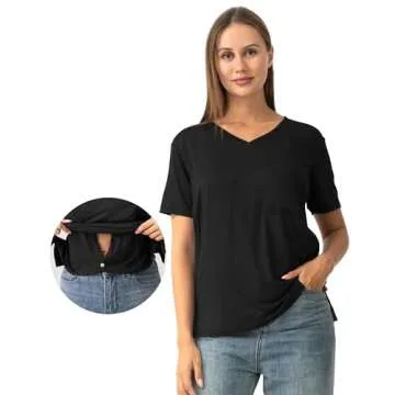 SUNNYBUY Women's Nursing Tops Breastfeeding Cover Short Sleeves Maternity Tee Shirts Double Layer Postpartum Clothes, Black L