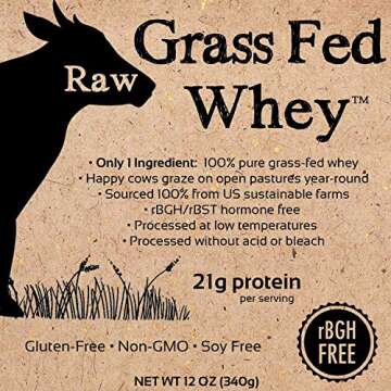 Raw Grass Fed Whey Protein Powder, Happy Healthy Cows, Undenatured, GMO-Free, Hormone Free, Gluten Free, Unflavored, Unsweetened, 12 OZ