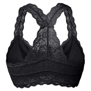 YIANNA Women Black Floral Lace Bralette Padded Breathable Sexy Racerback Lace Bra Bustier Crop Top Wirefree, YA8332-Black-L