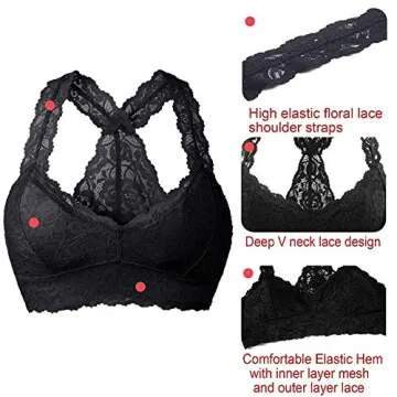 YIANNA Women Black Floral Lace Bralette Padded Breathable Sexy Racerback Lace Bra Bustier Crop Top Wirefree, YA8332-Black-L