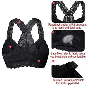YIANNA Women Black Floral Lace Bralette Padded Breathable Sexy Racerback Lace Bra Bustier Crop Top Wirefree, YA8332-Black-L