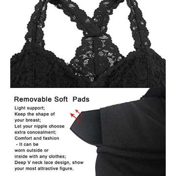 YIANNA Women Black Floral Lace Bralette Padded Breathable Sexy Racerback Lace Bra Bustier Crop Top Wirefree, YA8332-Black-L