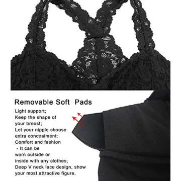YIANNA Women Black Floral Lace Bralette Padded Breathable Sexy Racerback Lace Bra Bustier Crop Top Wirefree, YA8332-Black-L