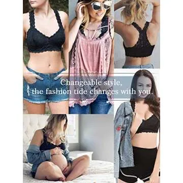 YIANNA Women Black Floral Lace Bralette Padded Breathable Sexy Racerback Lace Bra Bustier Crop Top Wirefree, YA8332-Black-L