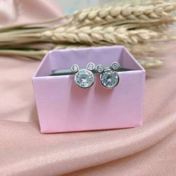 Mouse Stud Earring,S925 Silver Plated Earrings with Sparkling Cubic Zirconia Birthstone,Cute Charm Stud Ear jewelry for Women Girl as Birthday Gift,Hypoallergenic