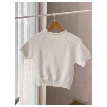 OYOANGLE Women's Bow Printed Pullover Sweaters Crew Neck Short Sleeve Ribbed Knit Casual Crop Tops K...