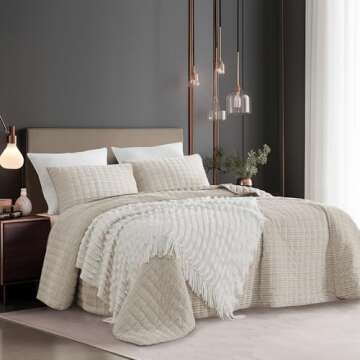 SHALALA Corduroy Quilt Queen Size 3 Pieces Bedding Set,Striped Bed Cover Cozy Bedspread Coverlet wit...