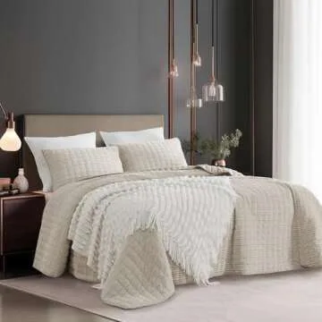 SHALALA Corduroy Quilt Queen Size 3 Pieces Bedding Set,Striped Bed Cover Cozy Bedspread Coverlet wit...