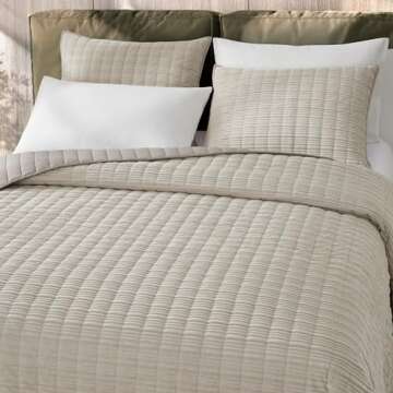 SHALALA Corduroy Quilt Queen Size 3 Pieces Bedding Set,Striped Bed Cover Cozy Bedspread Coverlet with 2 Matching Pillow Shams,Soft Lightweight Quilt Set for All Season(Beige,Full/Queen)