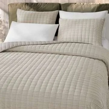 SHALALA Corduroy Quilt Queen Size 3 Pieces Bedding Set,Striped Bed Cover Cozy Bedspread Coverlet with 2 Matching Pillow Shams,Soft Lightweight Quilt Set for All Season(Beige,Full/Queen)