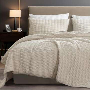 SHALALA Corduroy Quilt Queen Size 3 Pieces Bedding Set,Striped Bed Cover Cozy Bedspread Coverlet with 2 Matching Pillow Shams,Soft Lightweight Quilt Set for All Season(Beige,Full/Queen)