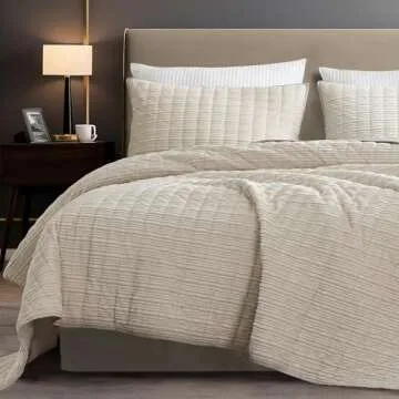 SHALALA Corduroy Quilt Queen Size 3 Pieces Bedding Set,Striped Bed Cover Cozy Bedspread Coverlet with 2 Matching Pillow Shams,Soft Lightweight Quilt Set for All Season(Beige,Full/Queen)