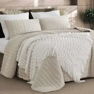 SHALALA Corduroy Quilt Queen Size 3 Pieces Bedding Set,Striped Bed Cover Cozy Bedspread Coverlet with 2 Matching Pillow Shams,Soft Lightweight Quilt Set for All Season(Beige,Full/Queen)