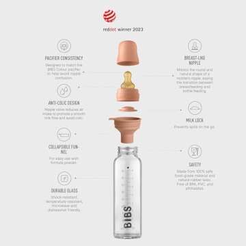 BIBS Baby Glass Bottle. Anti-Colic. Round Natural Rubber Latex Nipple. Supports Natural Breastfeedin...