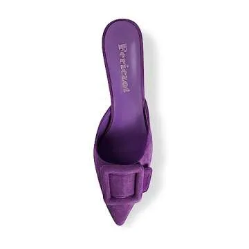 Fericzot Mule Slippers for Women,Slingback Buckle Pumps Pointed Toe Kitten Heels Shoes Slides Backless Dress Sandals Purple 7