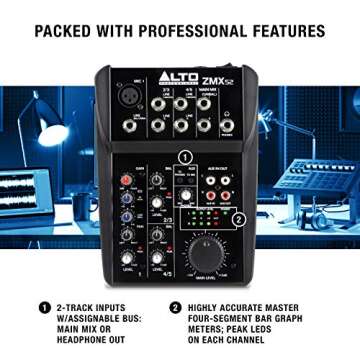 Alto Professional ZMX52 | Studio Quality 5 Channel Compact Audio Mixing Desk with an XLR Microphone Input, 2 Stereo Inputs and an Aux Output