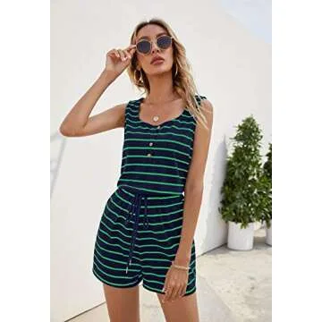 YIBOCK Women's Summer Sleeveless Button Down Striped Short Jumpsuit Tank Romper Green M