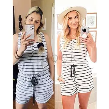 YIBOCK Women's Summer Sleeveless Button Down Striped Short Jumpsuit Tank Romper Green M