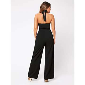 WDIRARA Women's Sleeveless Halter Tied Backless High Waist Belted Wide Leg Pants Elegant Jumpsuit Rompers Black S