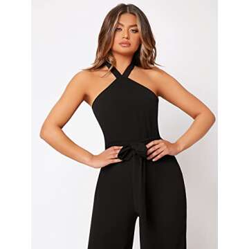 WDIRARA Women's Sleeveless Halter Tied Backless High Waist Belted Wide Leg Pants Elegant Jumpsuit Rompers Black S