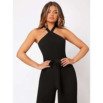 WDIRARA Women's Sleeveless Halter Tied Backless High Waist Belted Wide Leg Pants Elegant Jumpsuit Rompers Black S