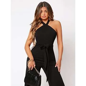 WDIRARA Women's Sleeveless Halter Tied Backless High Waist Belted Wide Leg Pants Elegant Jumpsuit Rompers Black S
