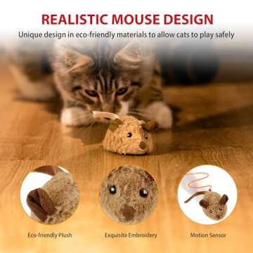 Gigwi Interactive Cat Toy Mouse, Moving Automatic Cat Toys Mice Electronic with Furry Tail, Automatic Squeaky Cat Toys for Kitten Indoor/Outdoor Exercise (Brown-Ear)