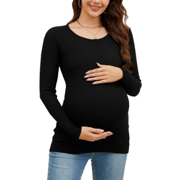 WANTROY Maternity Shirts Long Sleeve Ribbed Knit Crewneck Pregnancy Tunic Tops Casual Maternity Clot...
