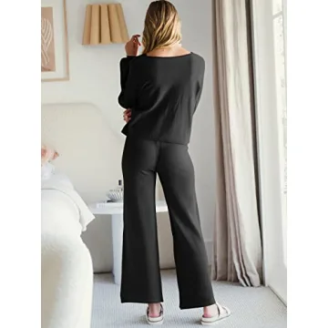 ANRABESS Women’s Two Piece Crop Top & Wide Leg Pants Lounge Sweater Sets 2024 Fall Knit Sweatsuits Cozy Trendy Outfits Black Medium