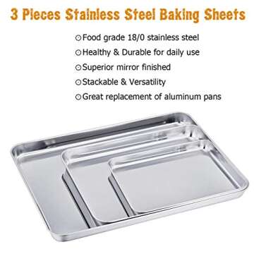 TeamFar Baking Sheet Set of 3, Stainless Steel Cookie Sheet Baking Tray Pan, Healthy & Non Toxic, Mi...