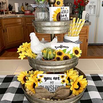 Huray Rayho Sunflower Tiered Tray Wooden Kitchen Signs Sunflower Farmhouse Tray Decor Hello Sunshine Decor Spring Fall Decor Rustic Mini Table Signs