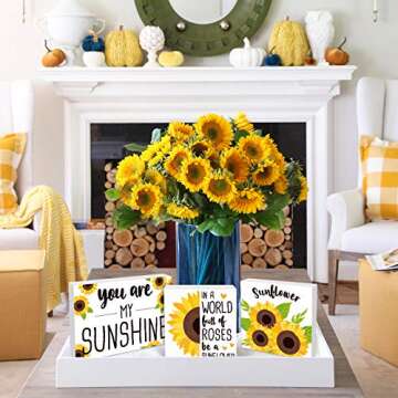 Huray Rayho Sunflower Tiered Tray Wooden Kitchen Signs Sunflower Farmhouse Tray Decor Hello Sunshine Decor Spring Fall Decor Rustic Mini Table Signs