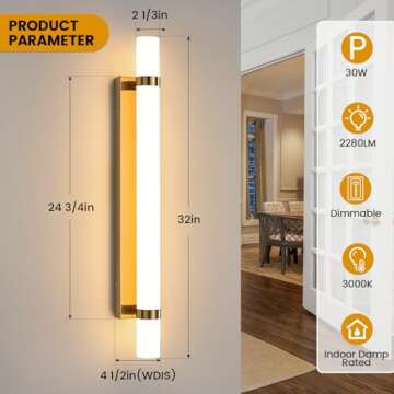 Epinl Bathroom Light Fixtures 32in Gold Bathroom Lighting Fixtures Over Mirror, 30W Dimmable LED Bathroom Vanity Light for Bathroom Bedside Hallway Living Room (Warm White 3000K)
