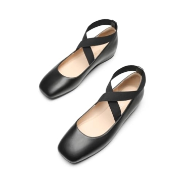 DREAM PAIRS Women's Ballet Flats, Comfortable Slip-On Square Toe Dress Shoes with Elastic Ankle Straps,Size 6.5,Black-Pu,SDFA2401W