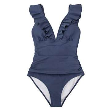 CUPSHE Women's Swimwear One Piece Ruffle V Neck Lace Up Bathing Suit in Dark Blue