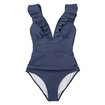 CUPSHE Women's Swimwear One Piece Ruffle V Neck Lace Up Bathing Suit in Dark Blue