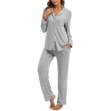 MANBEIYA Women Pajama Sets Button Up Soft Knitted Long Sleeve Sleepwear Pjs Lounge Sets Nightwear(Large,Light Grey)