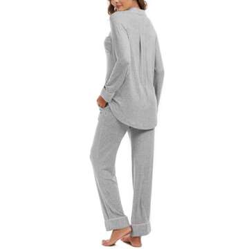MANBEIYA Women Pajama Sets Button Up Soft Knitted Long Sleeve Sleepwear Pjs Lounge Sets Nightwear(Large,Light Grey)