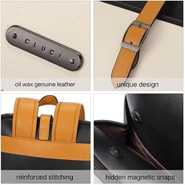 CLUCI Genuine Leather Laptop Backpack Purse for Women 15.6 inch Ladies Work Backpack Vintage Travel Casual College Large Shoulder Bags Beige with Yelow Fine lines
