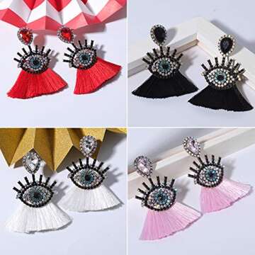 Devil Eye Tassel Earrings - Rhinestone Fan Fringe Earrings - Gifts for Mom, Sisters and Girlfriends (Pink Devil Eye)