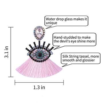 Devil Eye Tassel Earrings - Rhinestone Fan Fringe Earrings - Gifts for Mom, Sisters and Girlfriends (Pink Devil Eye)