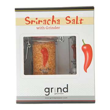 Sriracha, Grind Gourmet™ Sriracha Flavored Salt and Salt Grinder Gift Set, Jar of Sriracha Flake Salt and Salt Grinder, Reusable Pepper Grinder or Salt mill Included, Storage Glass Jar With Lid