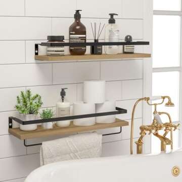 SODUKU Floating Shelves for Wall, Bathroom Shelves with Towel Bar, Wall Mounted Storage Shelves for Kitchen, Bathroom, Set of 2 Natural