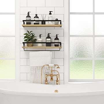 SODUKU Floating Shelves for Wall, Bathroom Shelves with Towel Bar, Wall Mounted Storage Shelves for Kitchen, Bathroom, Set of 2 Natural