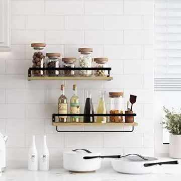 SODUKU Floating Shelves for Wall, Bathroom Shelves with Towel Bar, Wall Mounted Storage Shelves for Kitchen, Bathroom, Set of 2 Natural