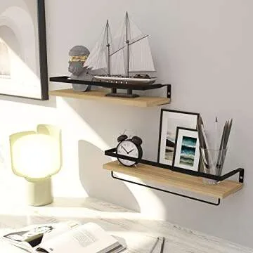 SODUKU Floating Shelves for Wall, Bathroom Shelves with Towel Bar, Wall Mounted Storage Shelves for Kitchen, Bathroom, Set of 2 Natural