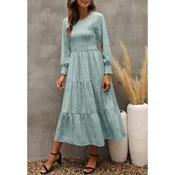 Maggeer Long Sleeve Dress for Women Fall Smocked Tiered Flowy Floral Midi Dress Light Green (no Pockets) XXL