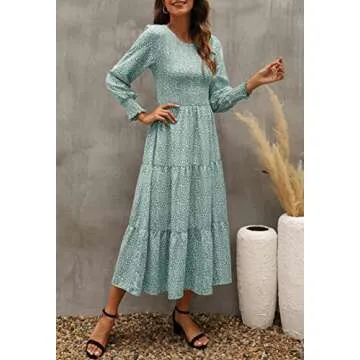 Maggeer Long Sleeve Dress for Women Fall Smocked Tiered Flowy Floral Midi Dress Light Green (no Pockets) XXL